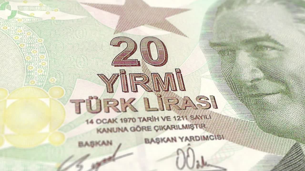 터키 리라 20 리라 지폐, 100 리라, 가까운 과 거시, 추적 및 도리, 5, 10, 20, 50, 100, 200 리라 터키 지폐 관찰 및 예비 측면, 터키 돈 화폐 배경, 루프 가능한 움직이는 이미지