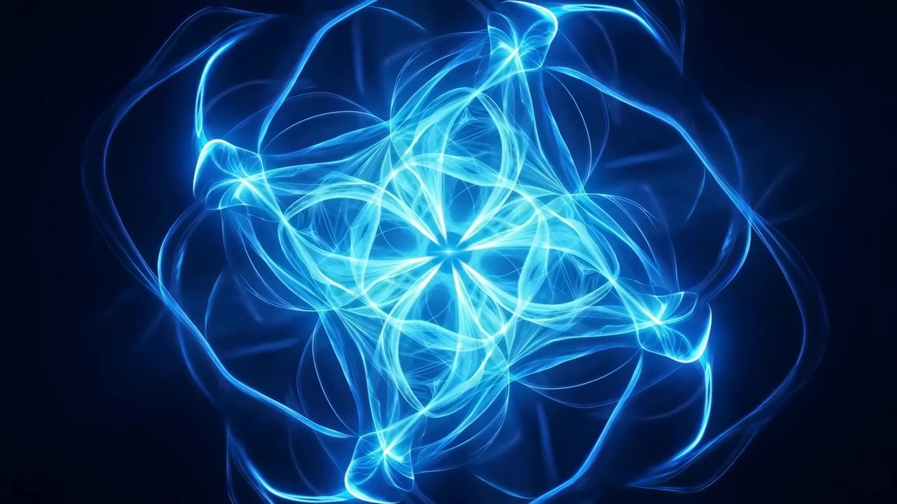 Formazione energetica centrata di nastri blu a strati che si intrecciano in un nodo a forma di stella con un nucleo luminoso, alone morbido, bagliore orizzontale, filamenti traslucidi, riflessi lucidi e un profondo nero circostante