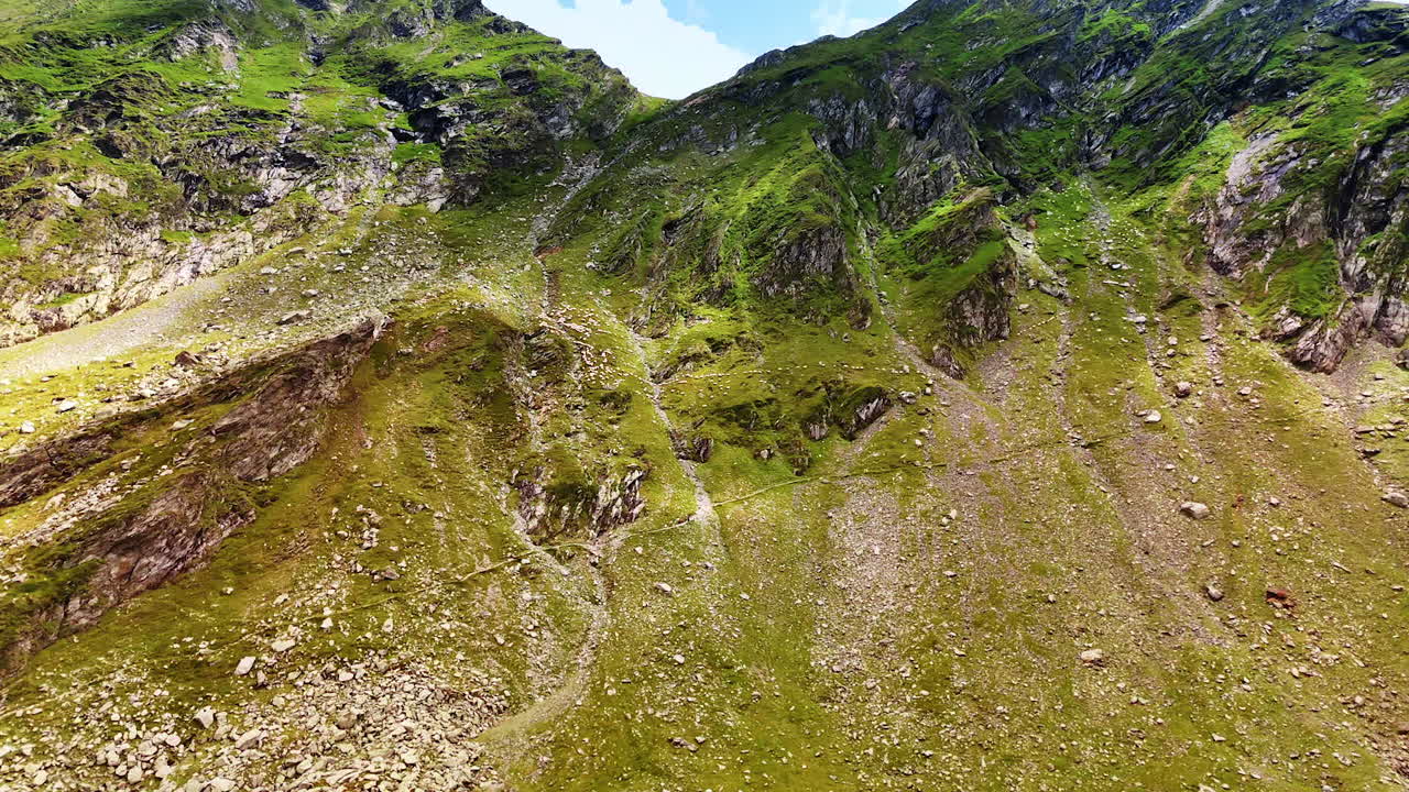 Sorvolo del paesaggio verdeggiante che si avvicina all'enorme montagna. Un gregge di pecore bianche si muove attraverso il paesaggio roccioso