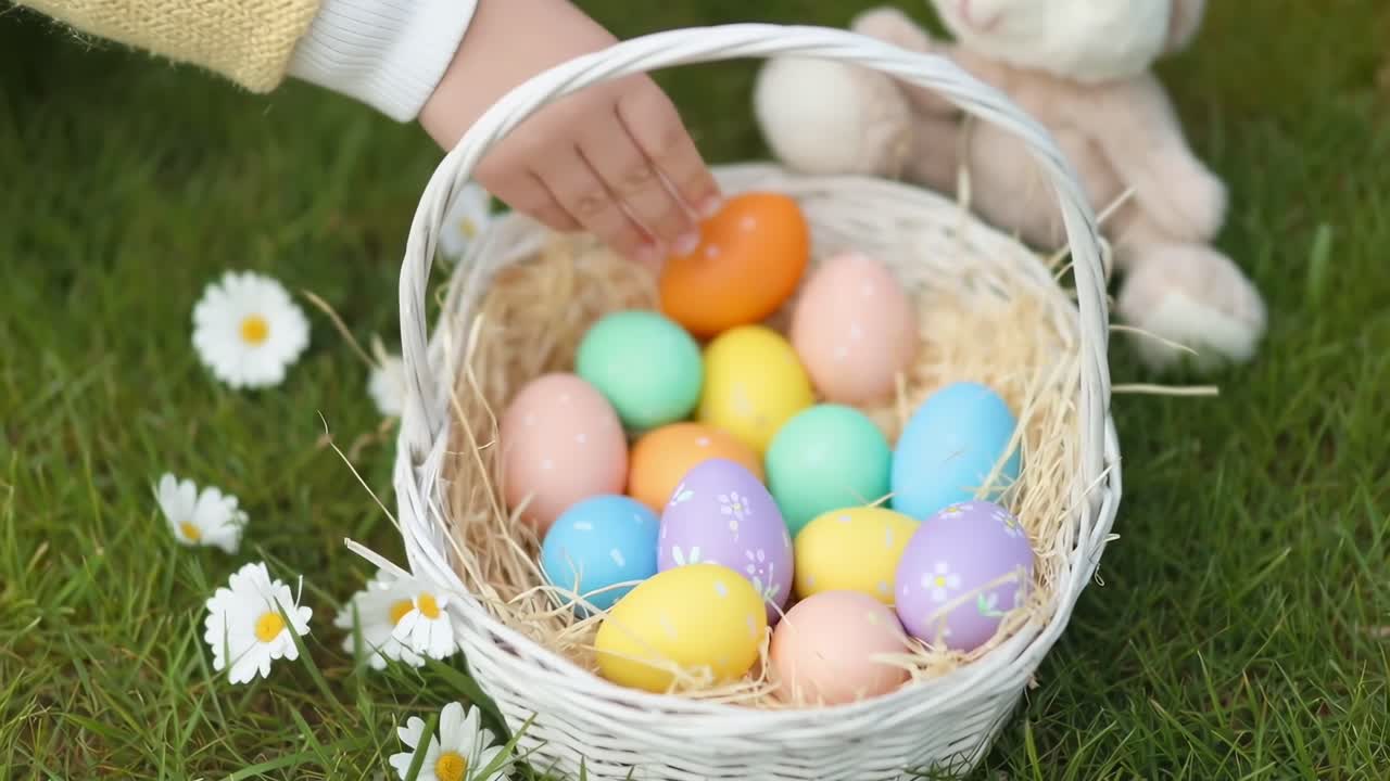 Top-down video of a child's hand reaching for colorful Easter eggs in a basket on grass