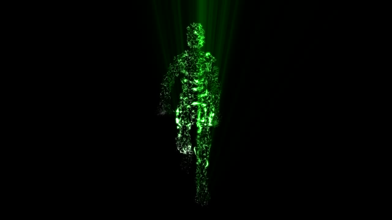 hombre caminando vista delantera luces verdes bucle de animación de renderizado 3d