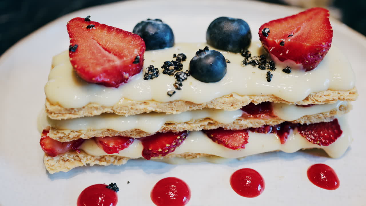 Close up of a Napoleon cake with strawberries and blueberries on a white plate at a cafe