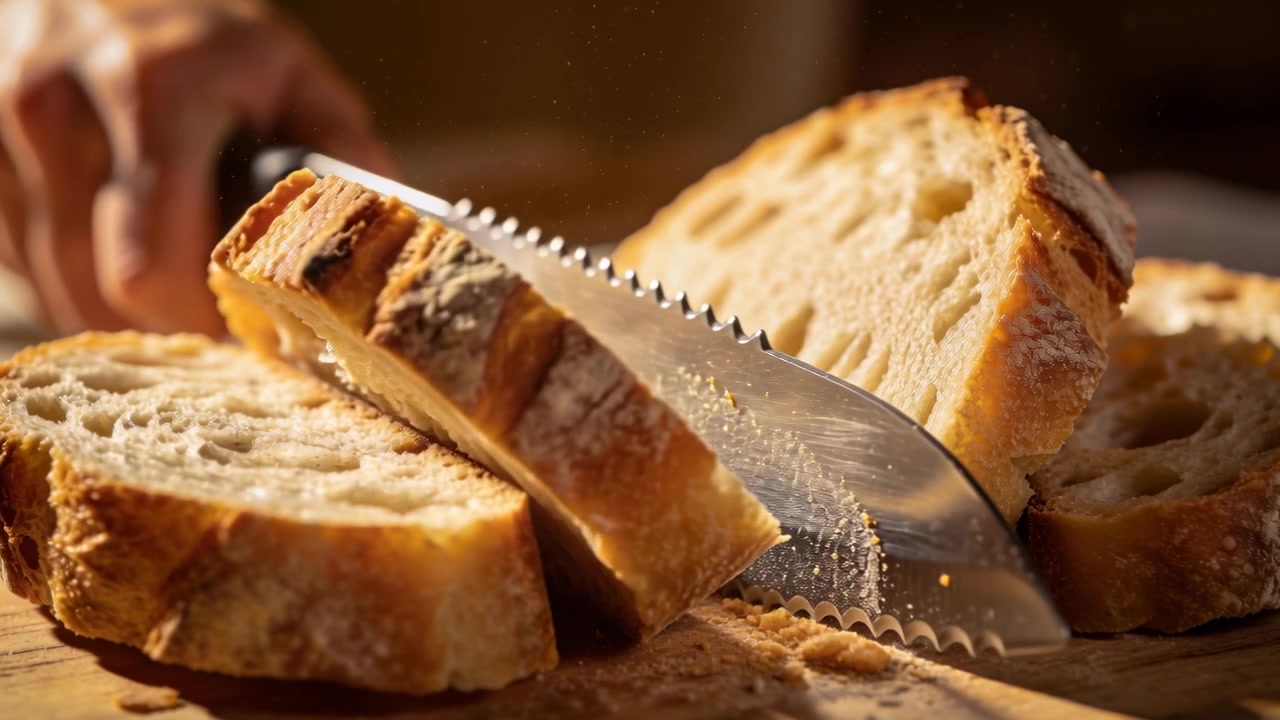 Lama seghettata che tocca la crosta, mano che taglia il pane su un tagliere, spargendo briciole per il servizio.