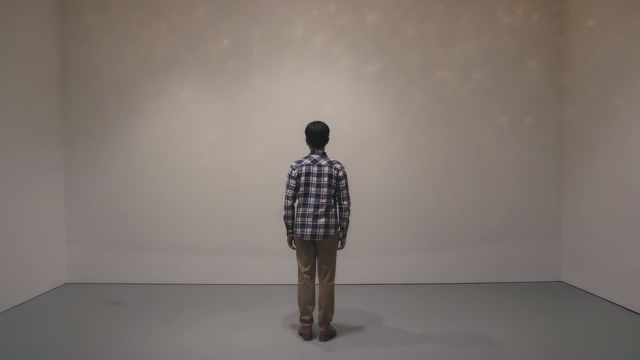 Proiezione in corso, uomo con camicia a quadri e pantaloni beige che osserva il centro della galleria per ammirare l'opera d'arte