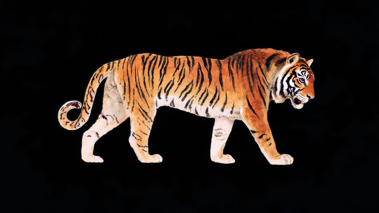 Majestic tiger illustration walking gracefully animation isolated asset, transparent 4K video, alpha