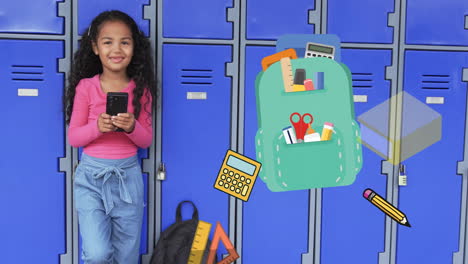 holding smartphone, girl standing by lockers with school supplies animation over