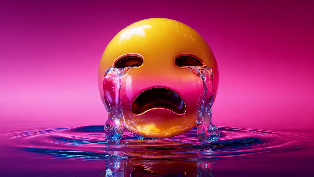 An expressive depiction of an emotional face emoji, characterized by tears and a striking color palette, conveying deep feelings of sadness and reflection in a vibrant, surreal setting