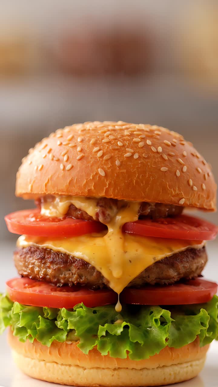 Hamburguesa Jugosa en Primer Plano con Fondo Bokeh 4K