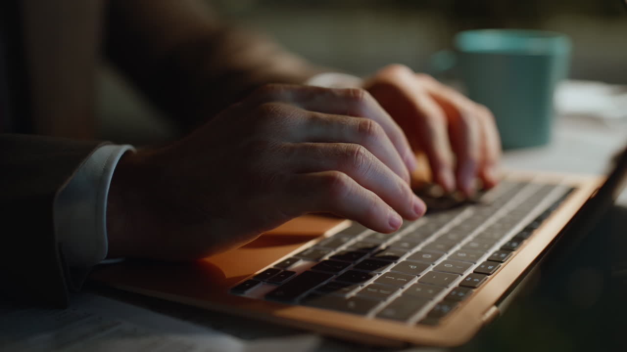 It programmer pressing keyboard button using laptop busy online project closeup