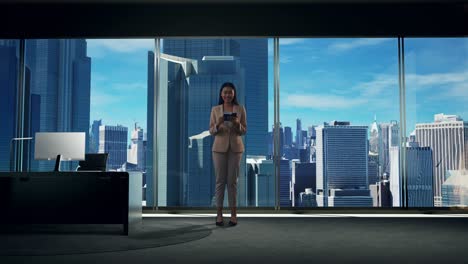 asian businesswoman looks at passport with skyscrapers