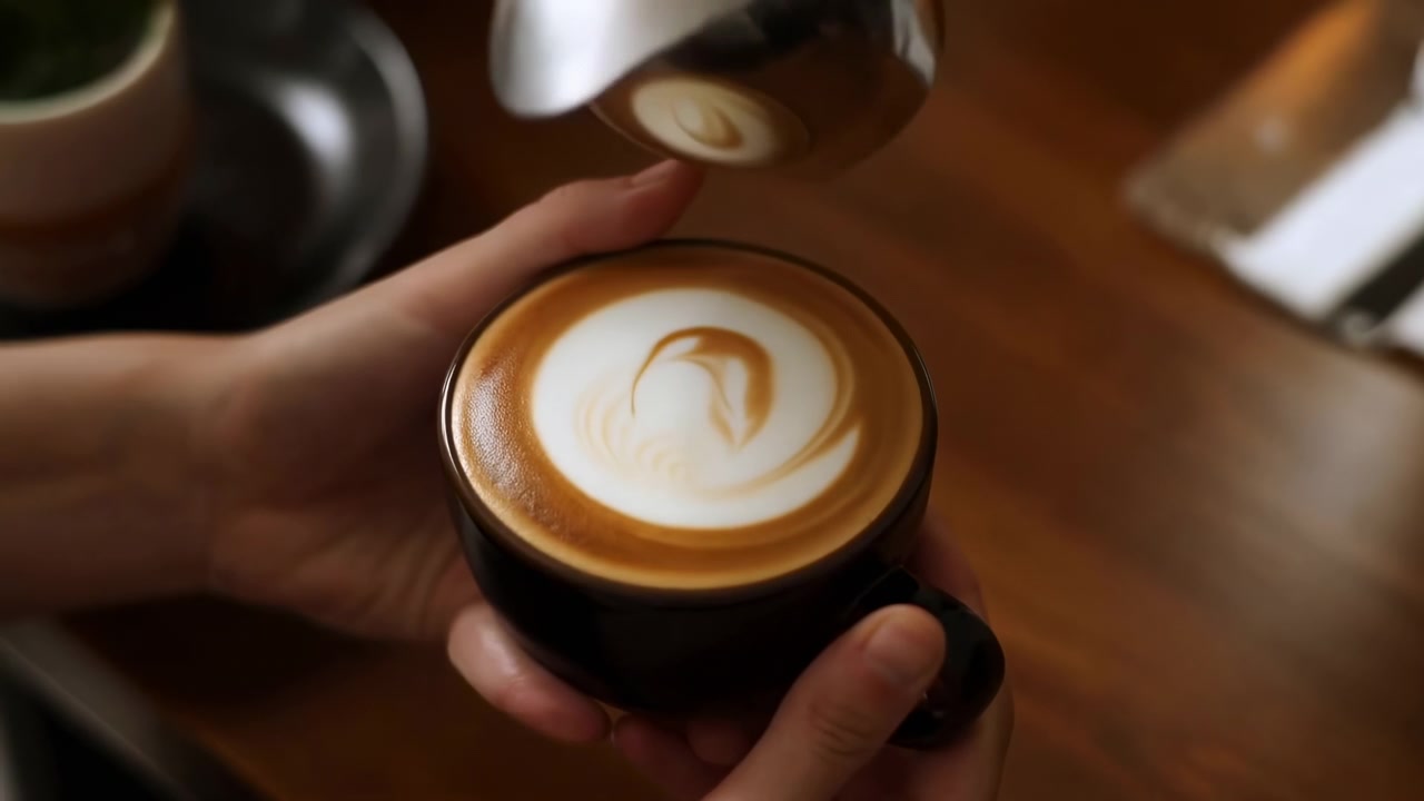 Primo piano delle mani del barista che versa un latte con un cuore di microschiuma. Tazza di ceramica calda adagiata su un tavolo di legno, luce soffusa.