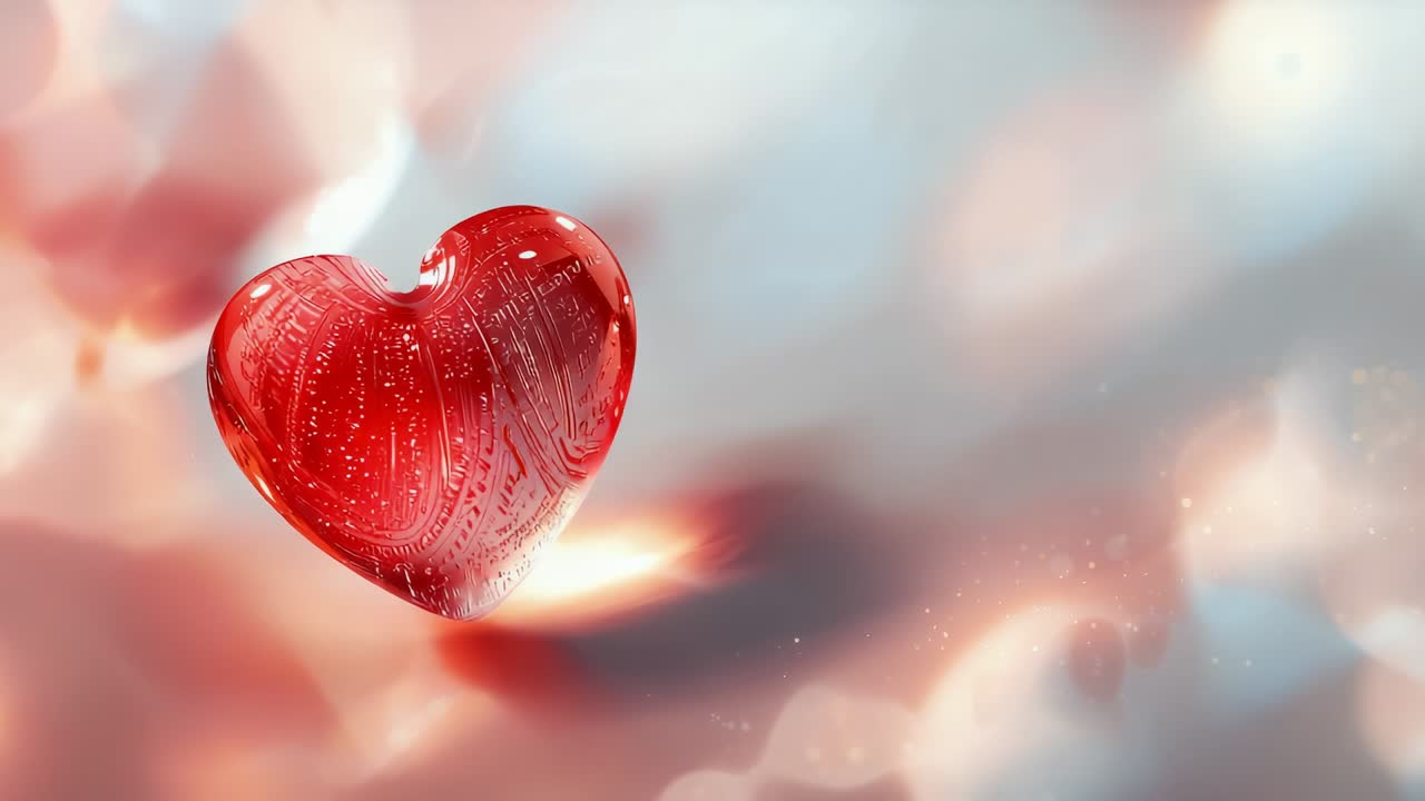 Cuore di vetro incandescente che diventa rosso, acquisisce lucentezza con scintille in un campo di nuvole color pastello, bagliore caldo che si diffonde