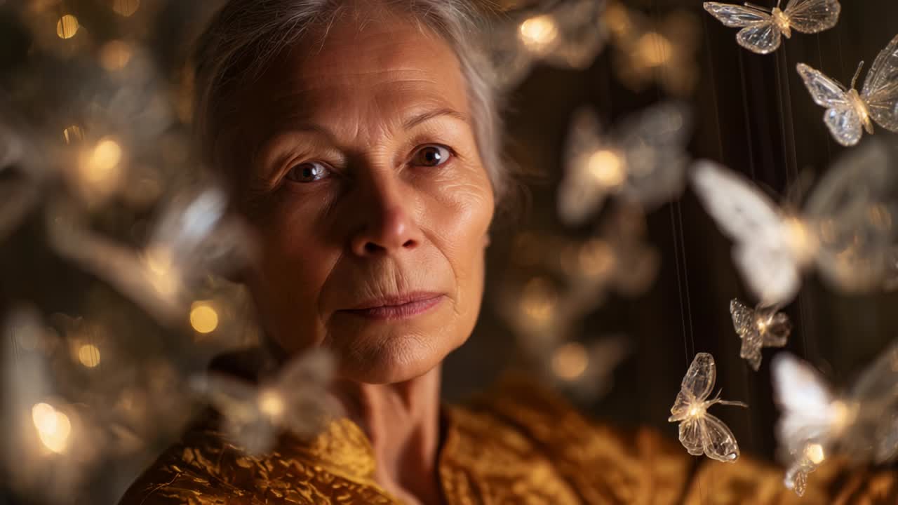A Reflective Moment Captured Through the Lens: An Elderly Woman Among Glimmering Butterflies, Expressing Depth and Serenity in the Enchanting Glow of Soft Lights