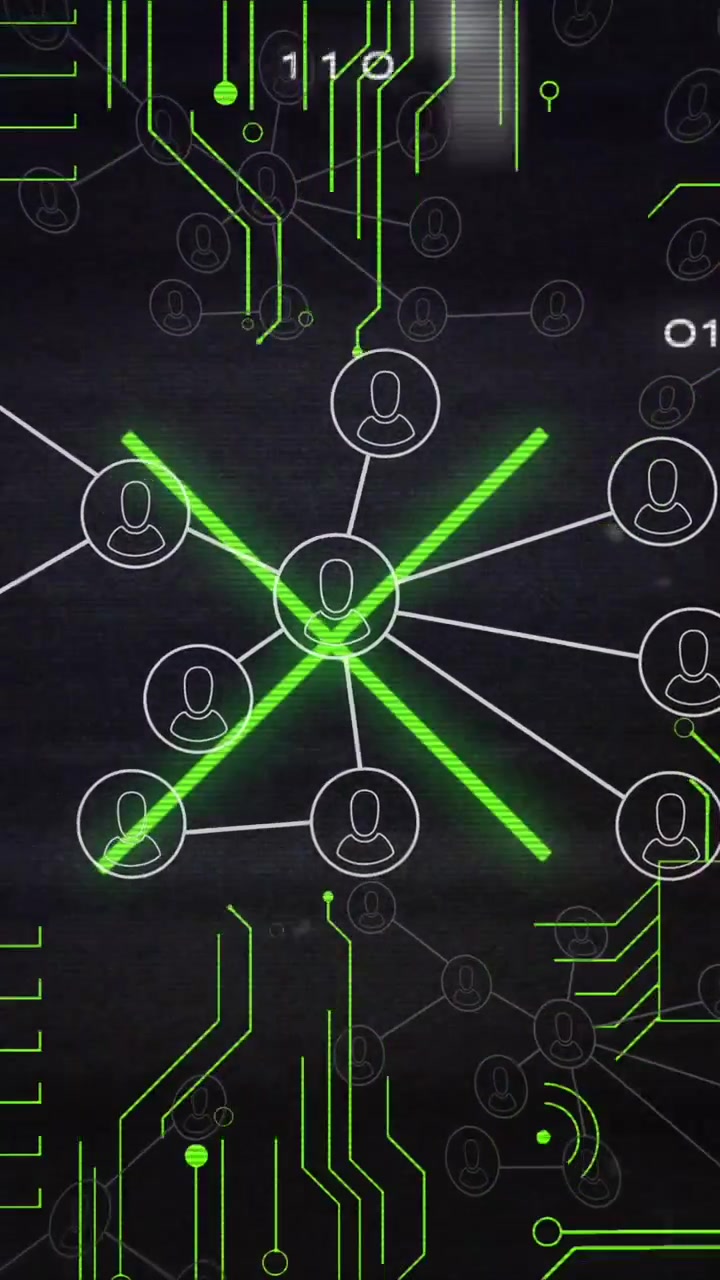 A digital network concept is depicted on a black background