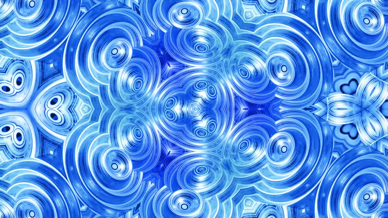 Abstract symmetric background with star symmetry. Mandala with waves. Looped abstract blue liquid background with wavy sparkling pattern, shiny glossy surface. Kaleidoscope effect