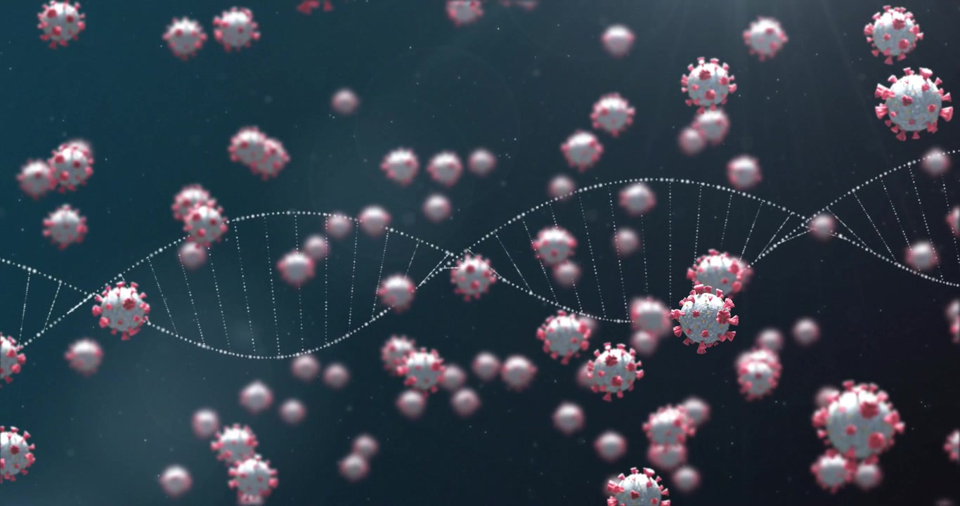 Animazione di filamento di DNA e cellule virali su sfondo nero