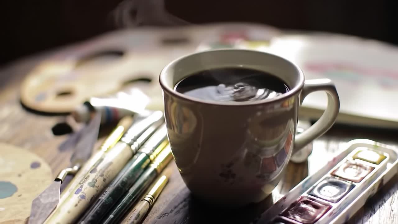 A Serene Moment: Steaming Coffee Paired with Colorful Paints and Brushes on a Wooden Table, Perfect for an Artist's Inspiration and Creativity