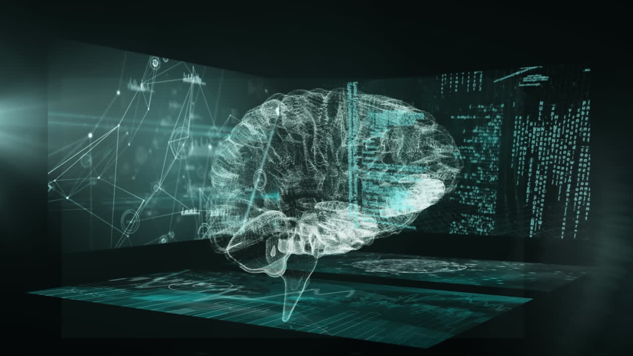 Animation of connected dots, graphs and programming language over digital brain in background