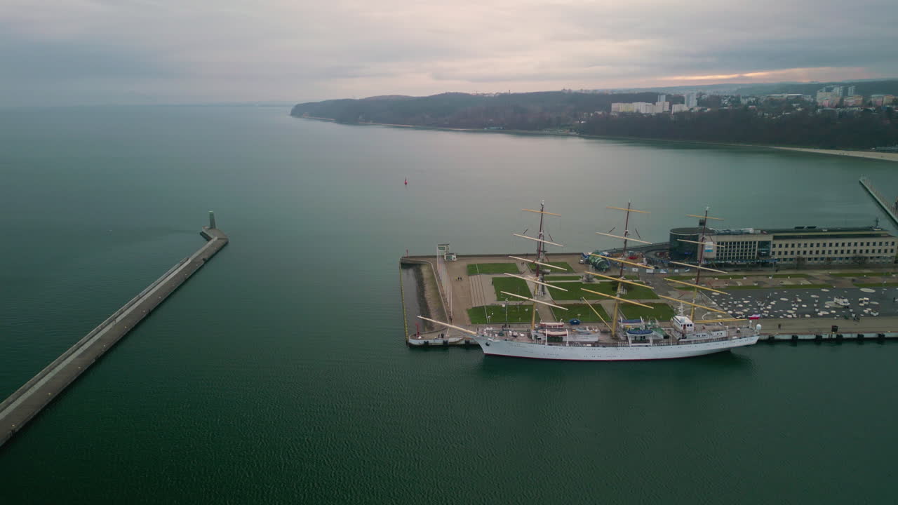 Aerial view of a ship at a pier