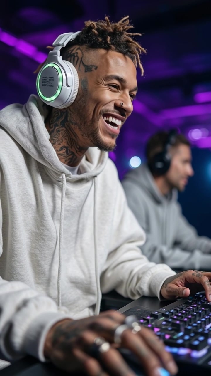 Young man with tattoos and dreadlocks wearing headphones and playing video games