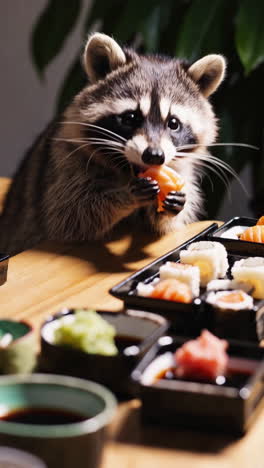 raccoon eating sushi