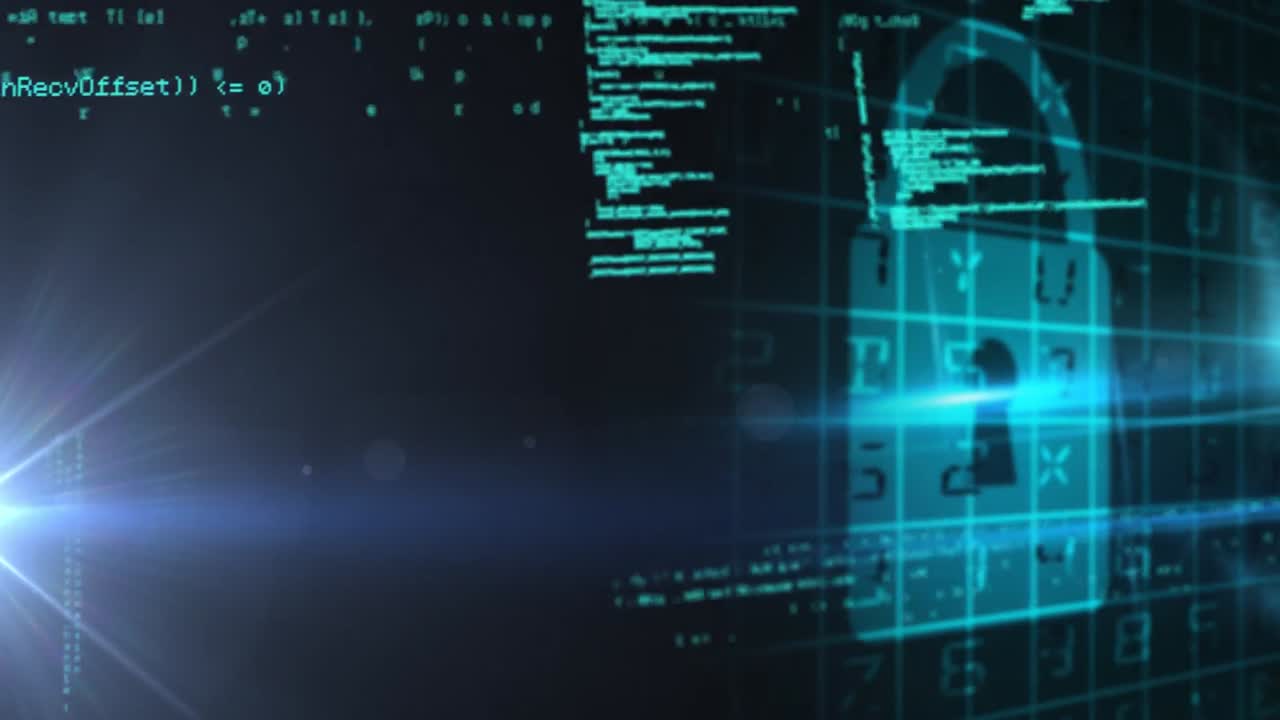 icono de candado de seguridad y procesamiento de datos contra un punto de luz sobre fondo negro