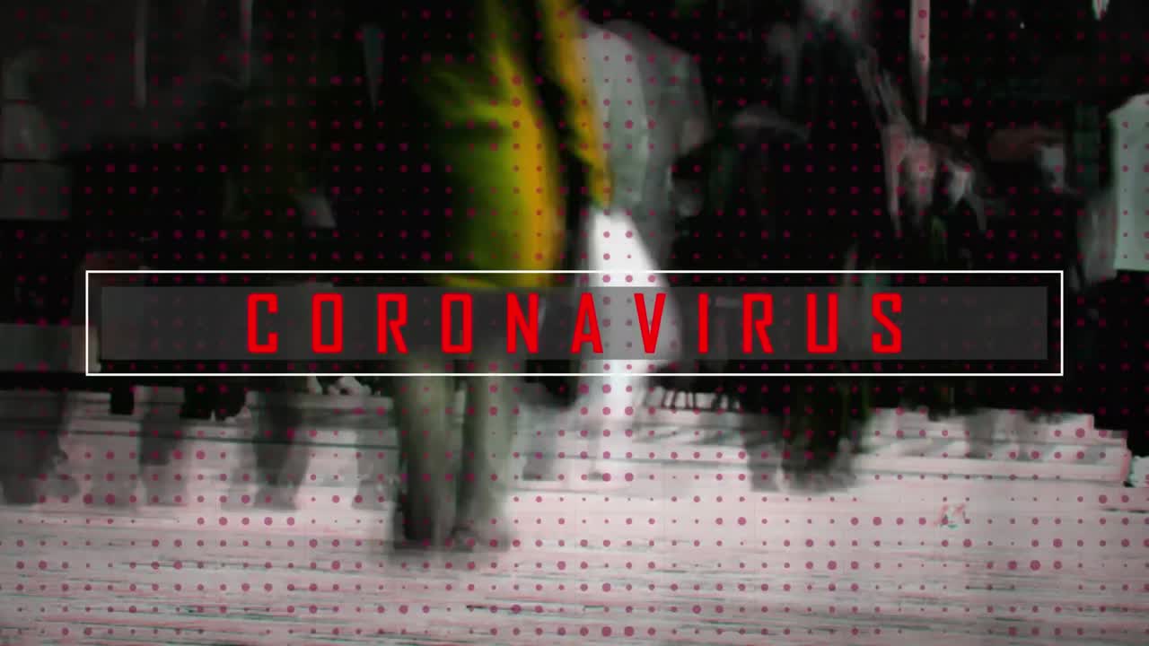Animation of coronavirus text over people walking in city