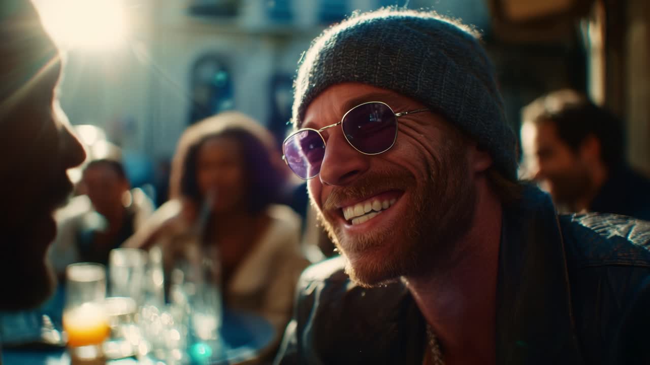 Capturing the Essence of Joyful Moments: A Man with a Beanie and Sunglasses Laughs Heartily in a Sunset Gathering with Friends and Laughter in a Bustling Social Atmosphere