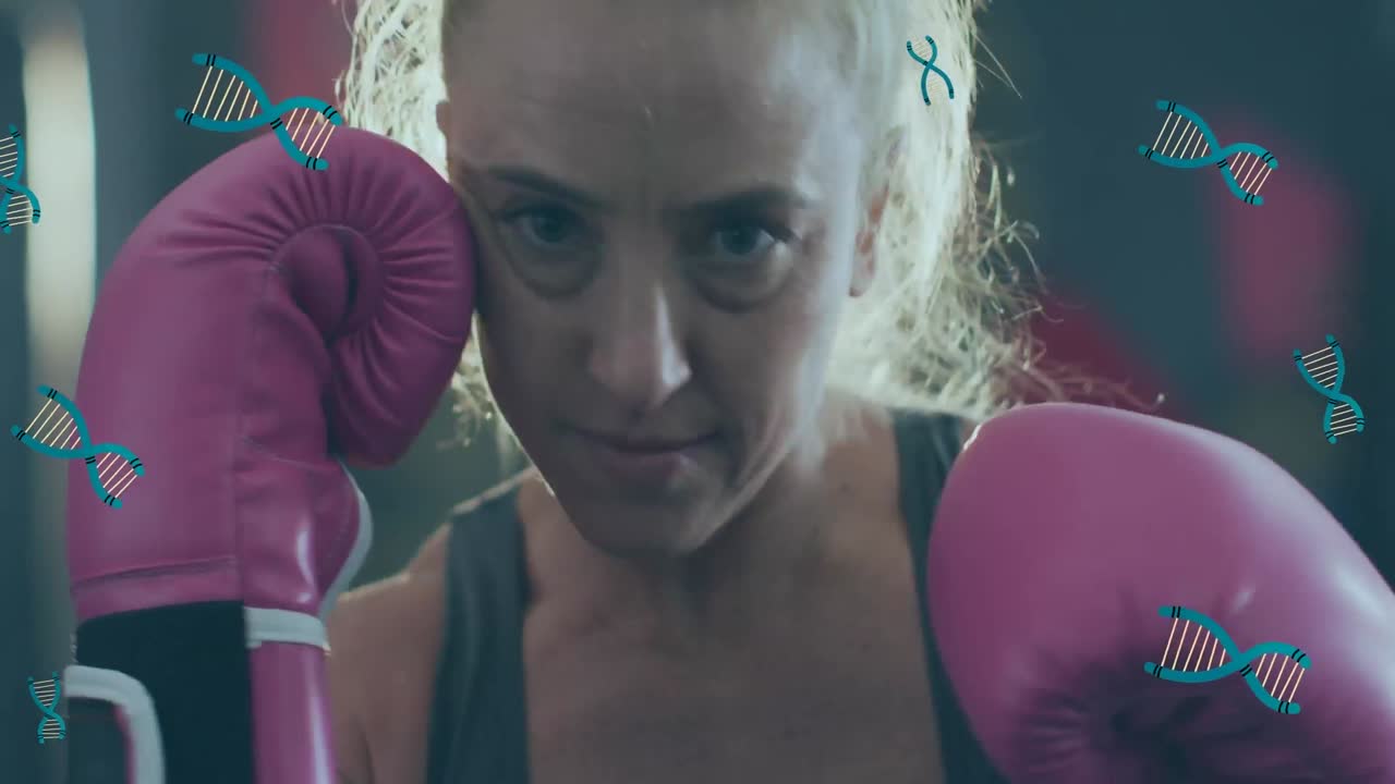 animación de cadenas de adn que caen sobre la mujer boxeadora