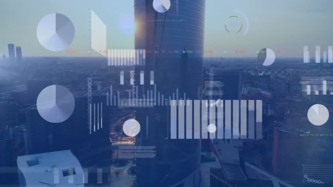 animación del procesamiento de datos financieros sobre el paisaje urbano