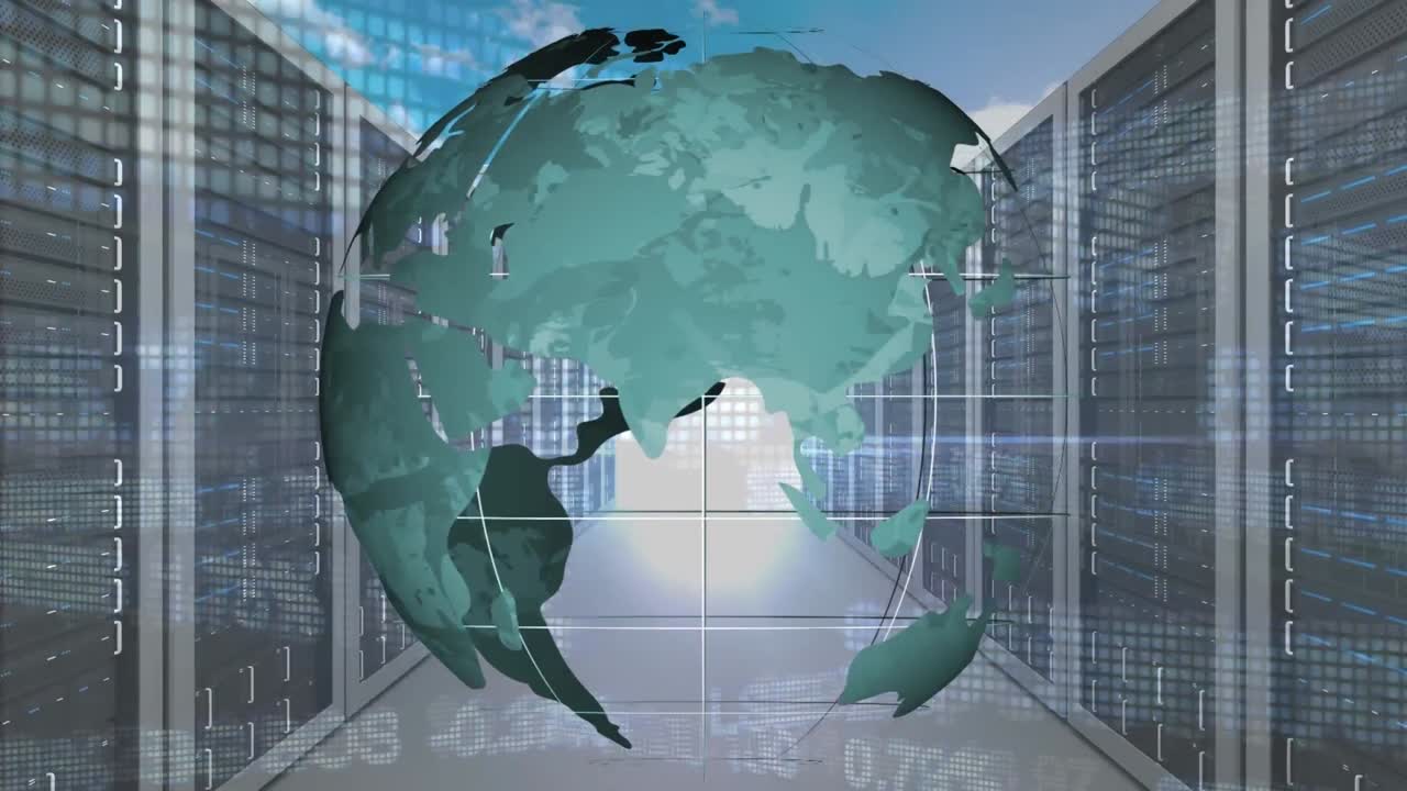 Animation of data processing and globe over server room
