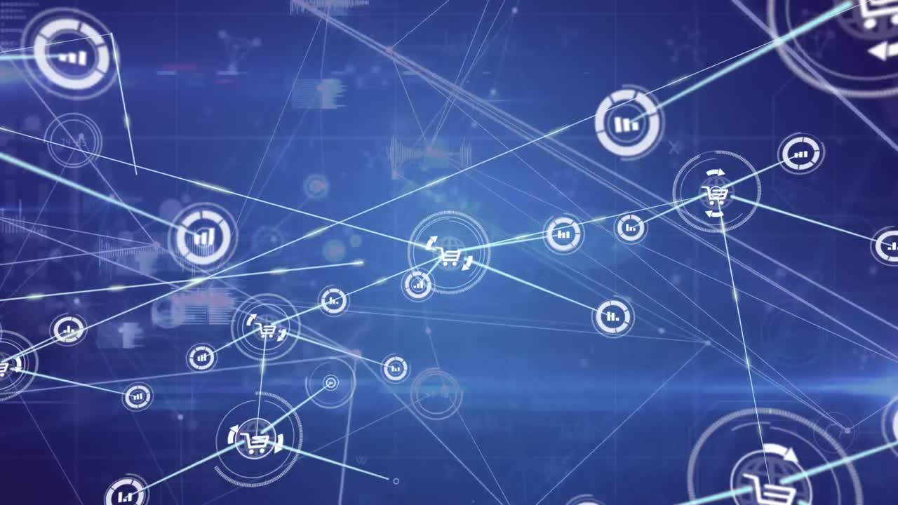 animación de datos y red de conexiones con iconos sobre fondo oscuro