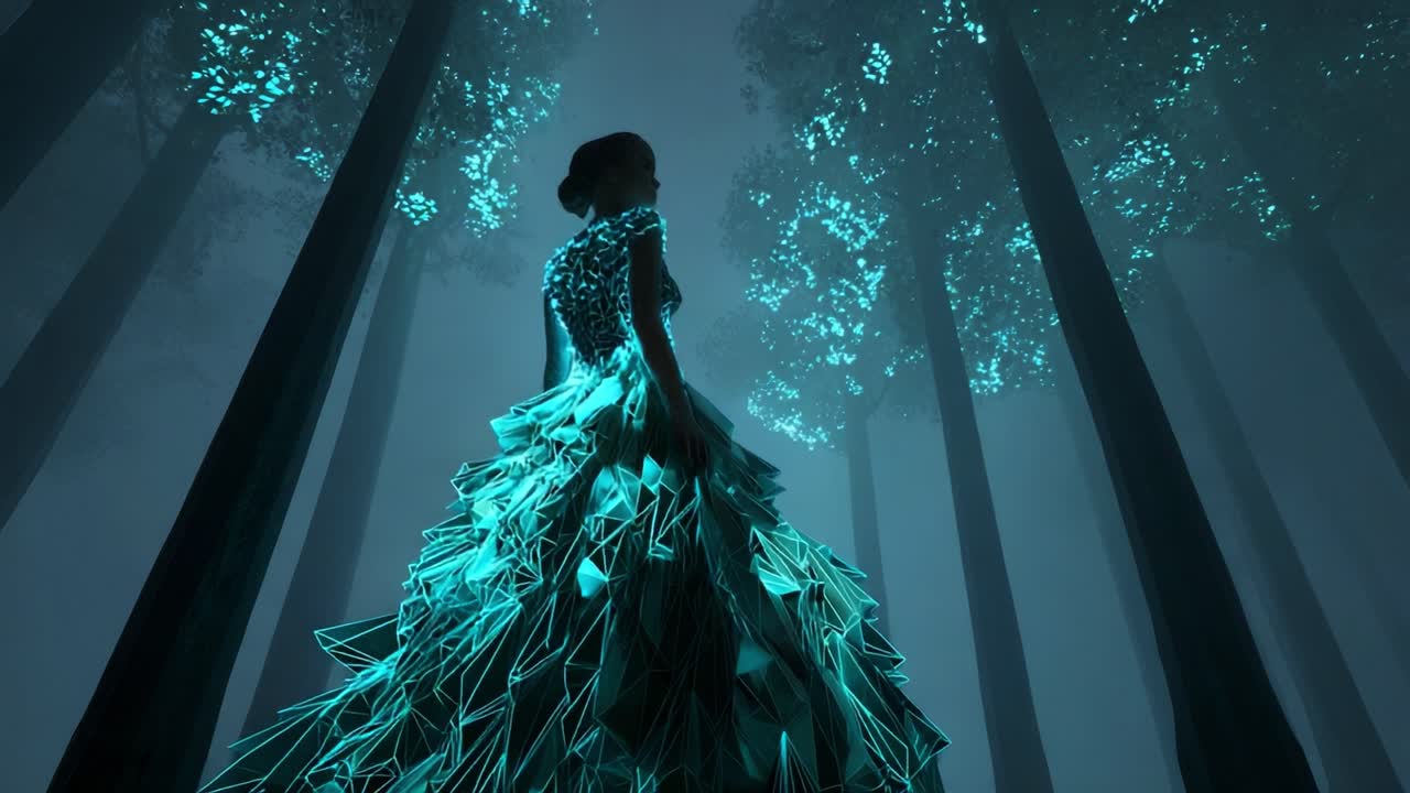 Woman in a glowing dress in a mystical forest