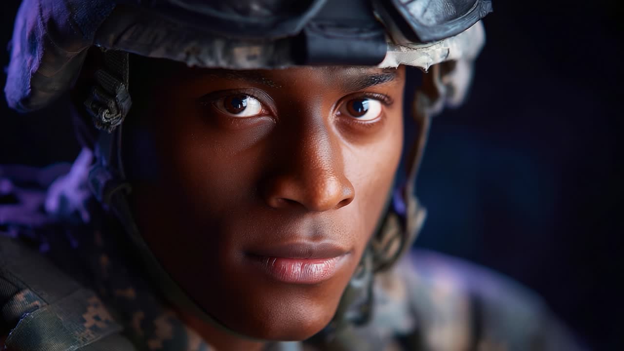 Close-up of a soldier's intense gaze showcasing determination and bravery, symbolizing strength and resilience in the face of adversity within a military context