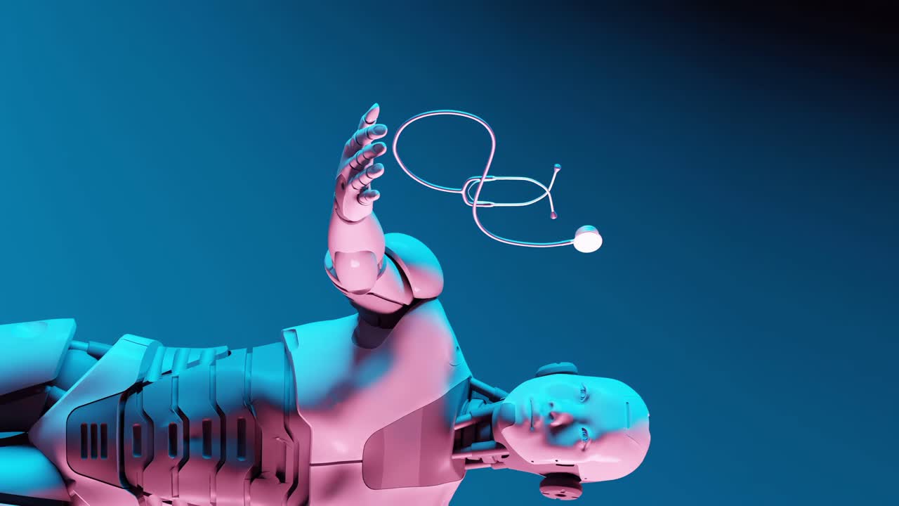 robot médico que sostiene un estetoscopio, renderizado en 3d, robot humanoide, robótica, inteligencia artificial, tecnología médica, vertical