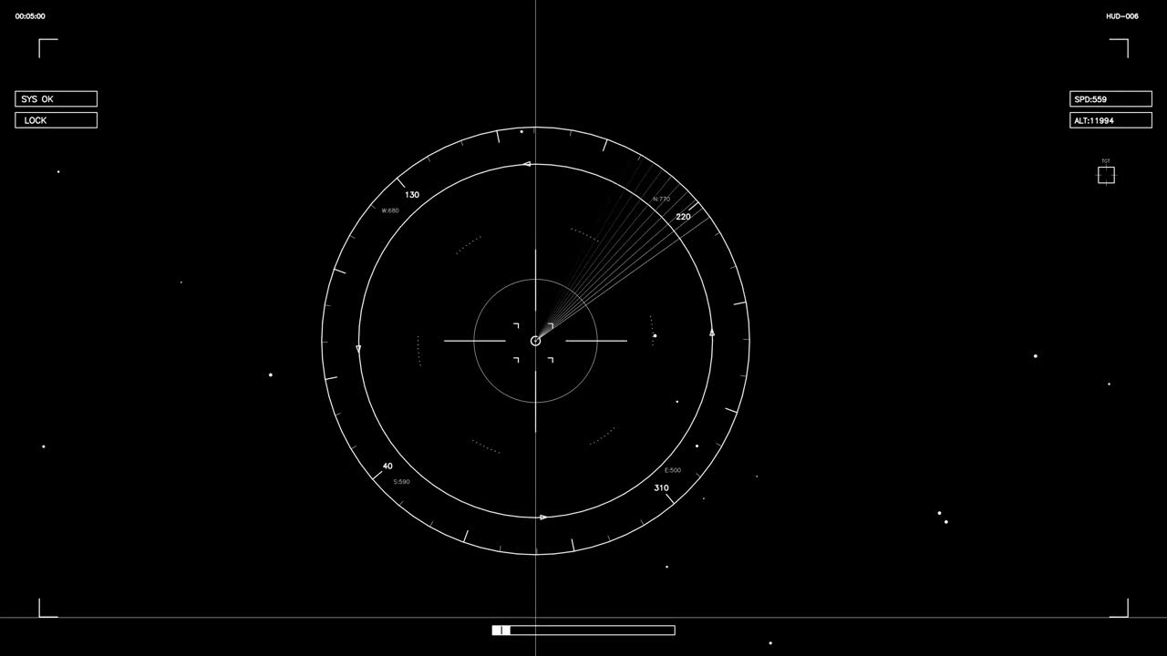 A circular HUD design used in science fiction videos. It has data points and lines that suggest tracking or targeting movements. The background is solid black