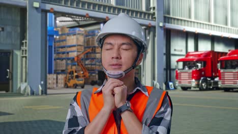 close up of asian male engineer with safety helmet pray for something while standing , outside of logistics distributions warehouse