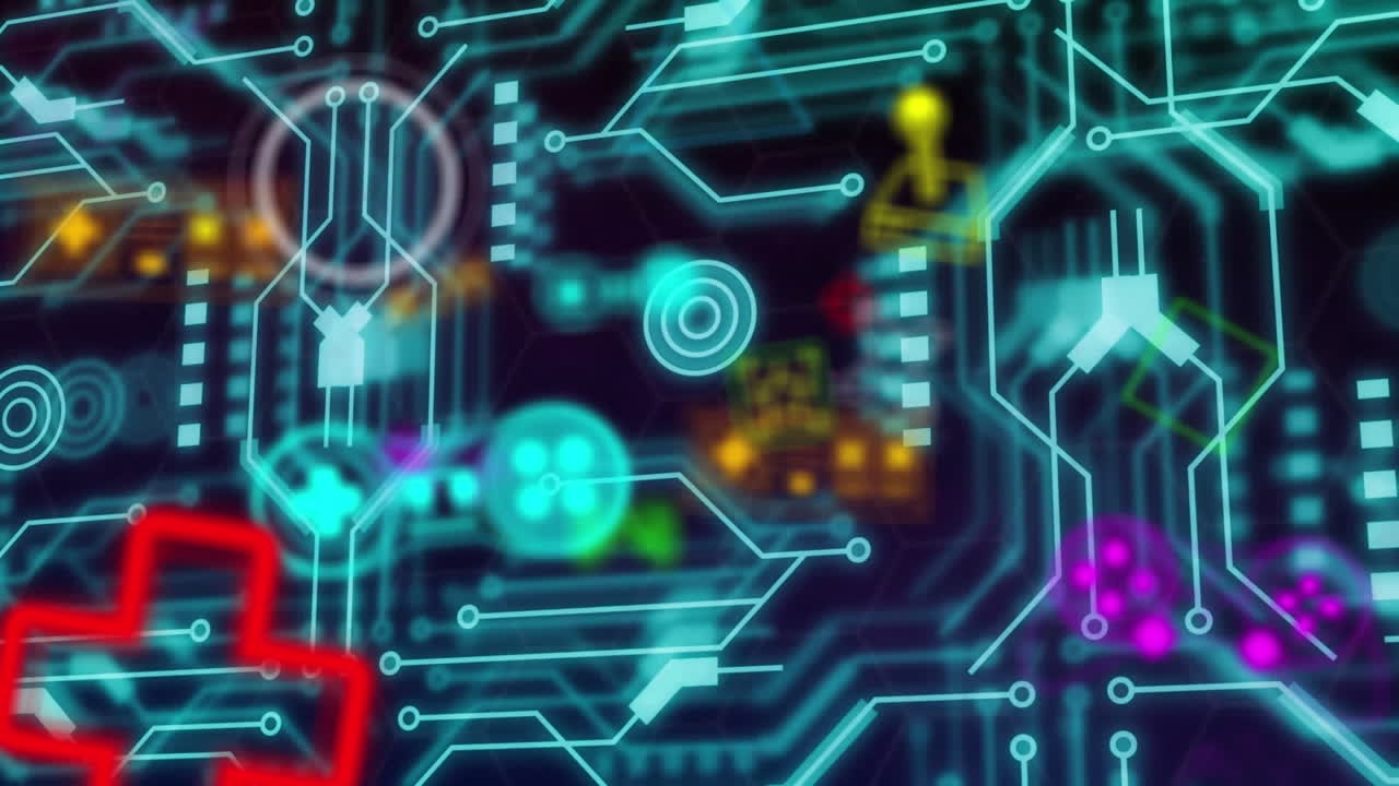 animación de consolas y varias formas sobre patrones de placas de circuitos electrónicos