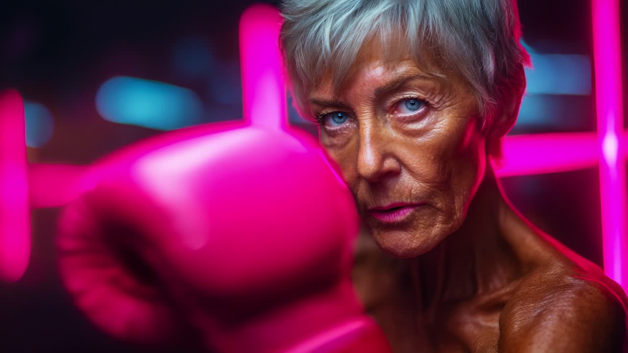 Empowered Senior Boxer: A Portrait of Strength, Resilience, and Determination Showcasing an Older Woman Harnessing Her Inner Fighter with Focus in a Dynamic Training Environment