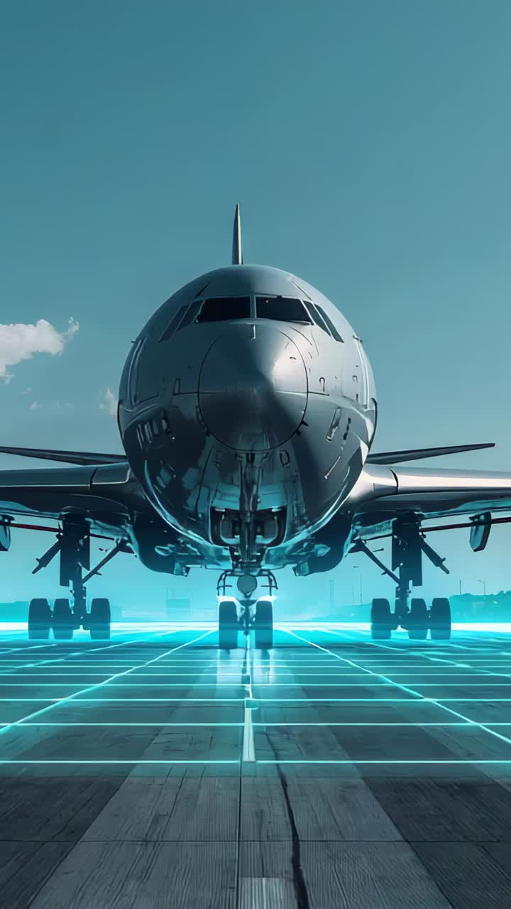 Vertical video: Neon-blue grid appearing, guiding jet taxiing along runway centerline at airport