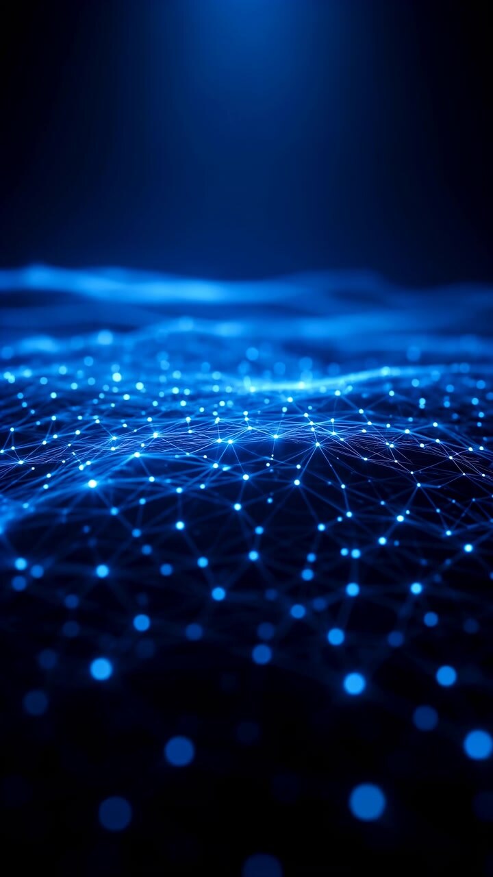 Vista ravvicinata di un piano di rete digitale illuminato con nodi blu luminosi, sottili linee collegate, struttura a maglie triangolari, profondità a strati, messa a fuoco morbida e creste luminose brillanti attraverso un astratto scuro