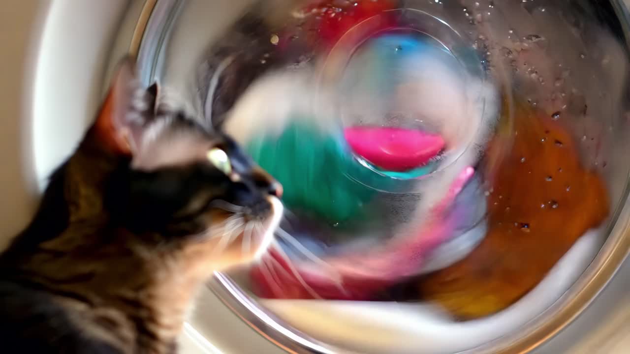Kucing melihat ke dalam mesin cuci