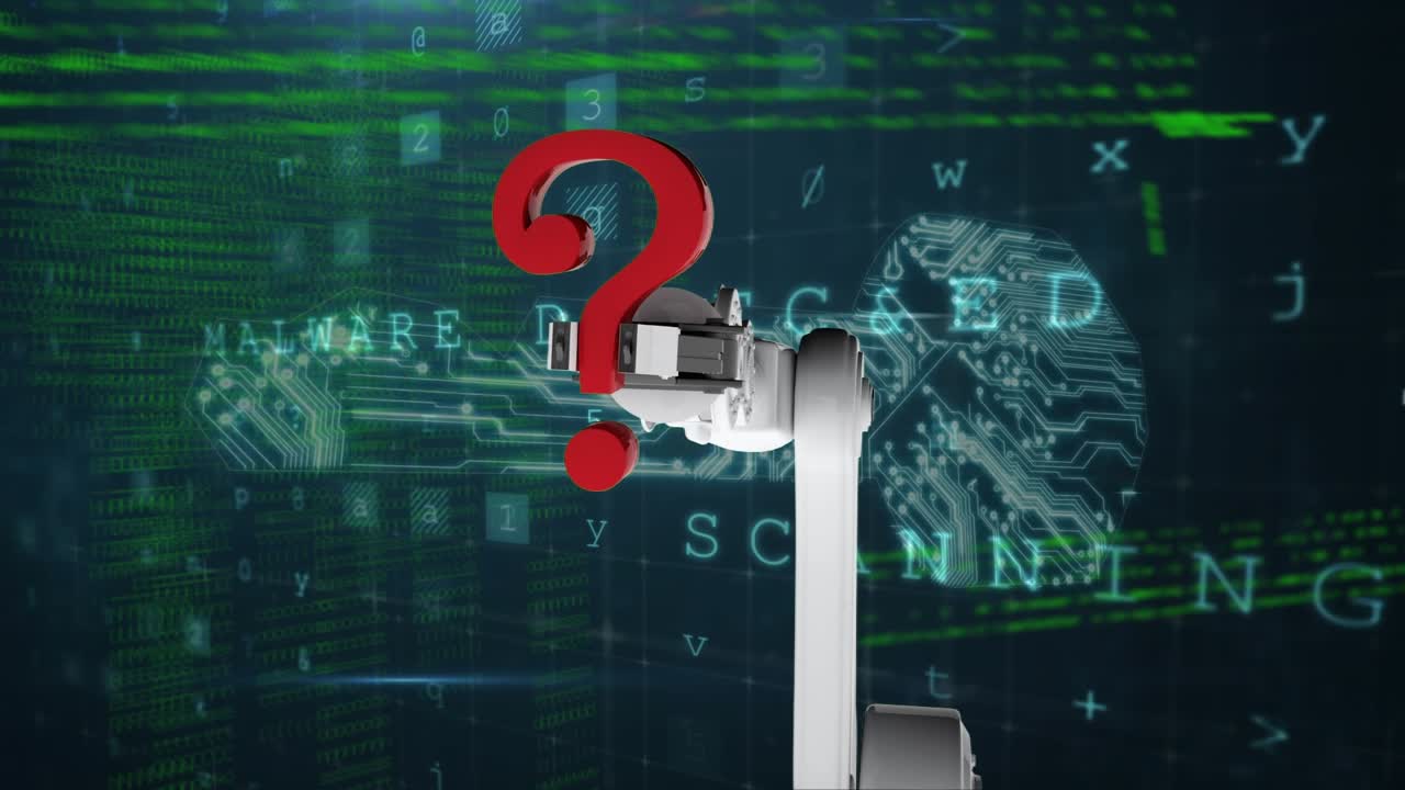 Animation of robotic hand with question mark over data processing on black backgorund