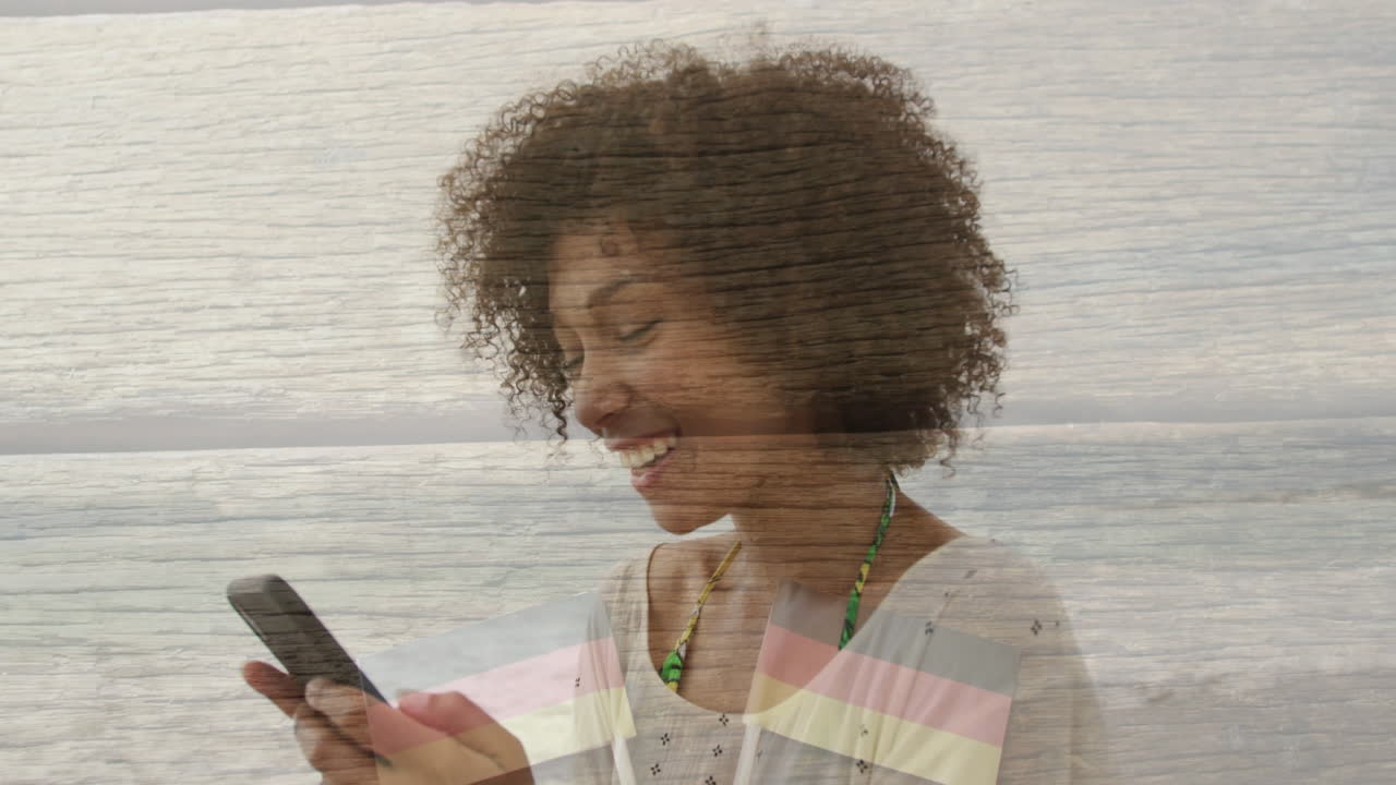 Using smartphone, woman with colorful animation overlay, smiling in school setting