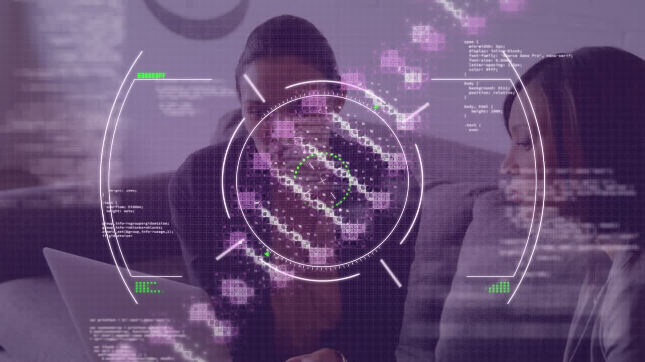 animación del procesamiento de datos sobre diversas personas de negocios en la oficina y cadena de adn.