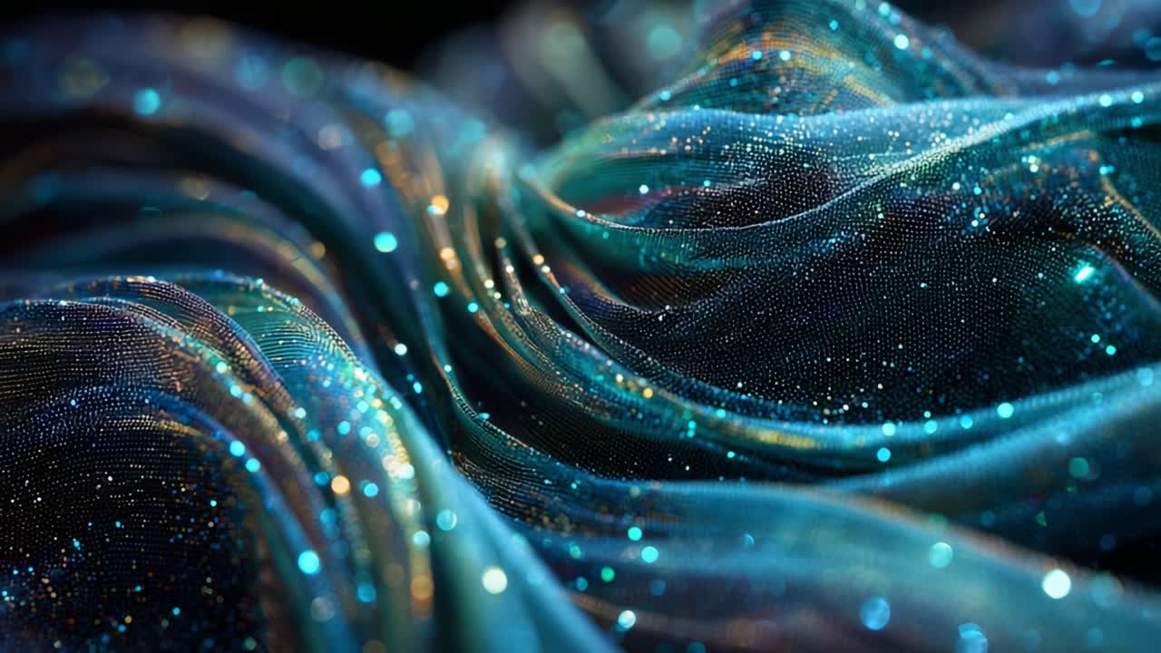 A breathtaking close-up of shimmering fabric waves, revealing intricate textures and sparkling details, evoking a sense of fluidity, elegance, and enchanting beauty in a mesmerizing display