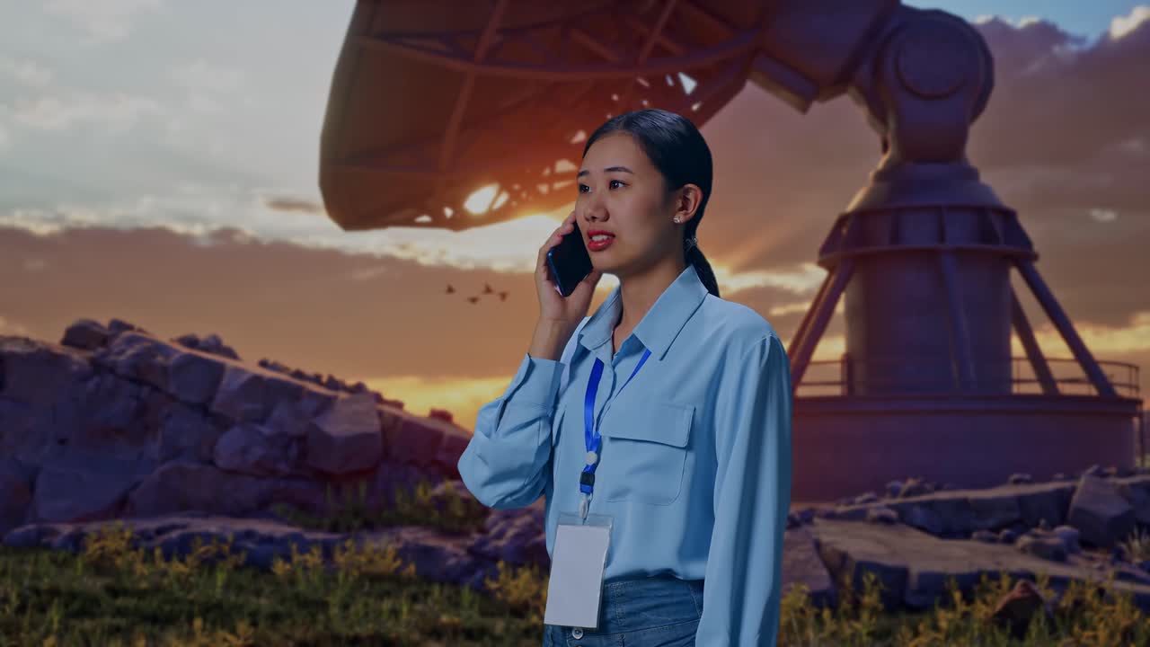 Side View Asian Female Professional Worker Standing With Large Satellite Dish, She Pick The Phone Up And Started To Specking To It With A Slicely Smile