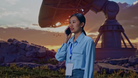 side view asian female professional worker standing with large satellite dish, she pick the phone up and started to specking to it with a slicely smile