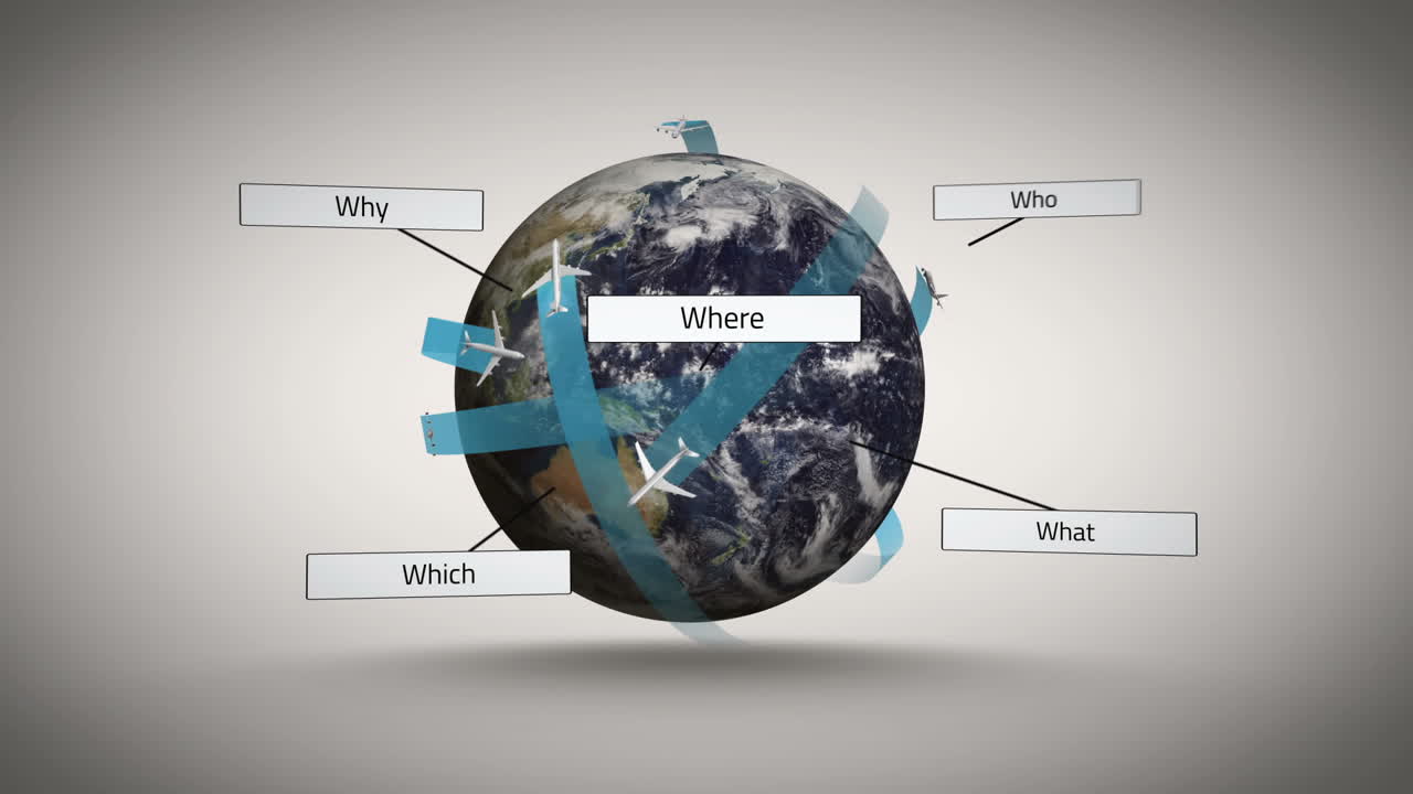 самолет, летящий по всему миру с вопросительными словами