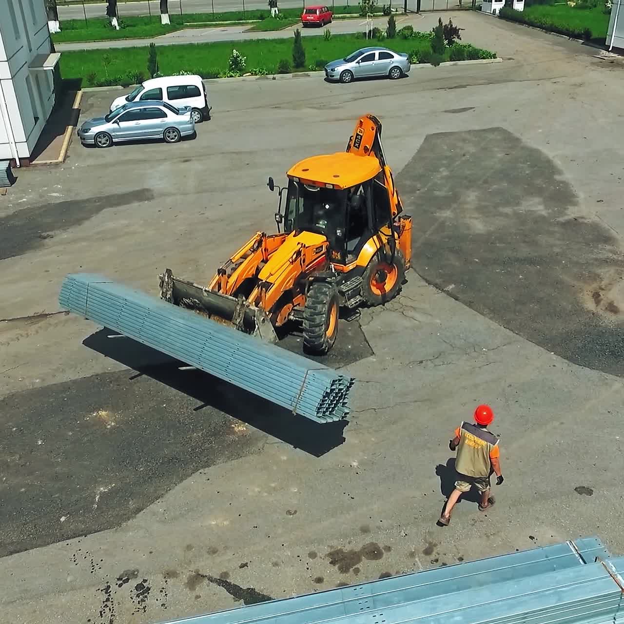 Aerial view of working excavator